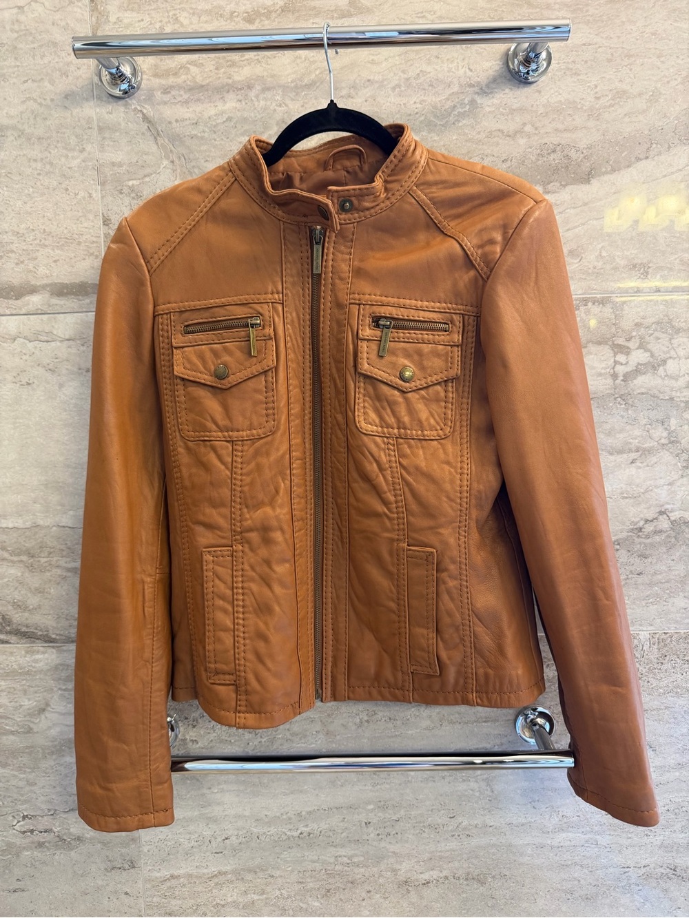 Michael Kors Cognac Leather Zip-Up Jacket